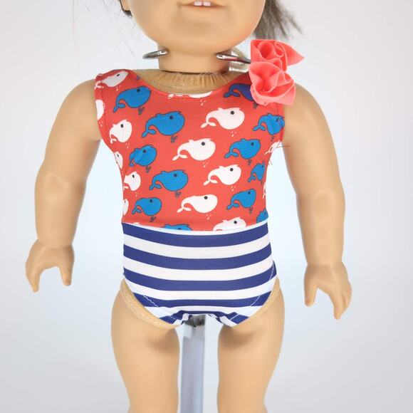 Unbranded White Red Blue Whale & Stripe One Piece Bathing Suit for 18" Dolls GUC - Picture 5 of 8